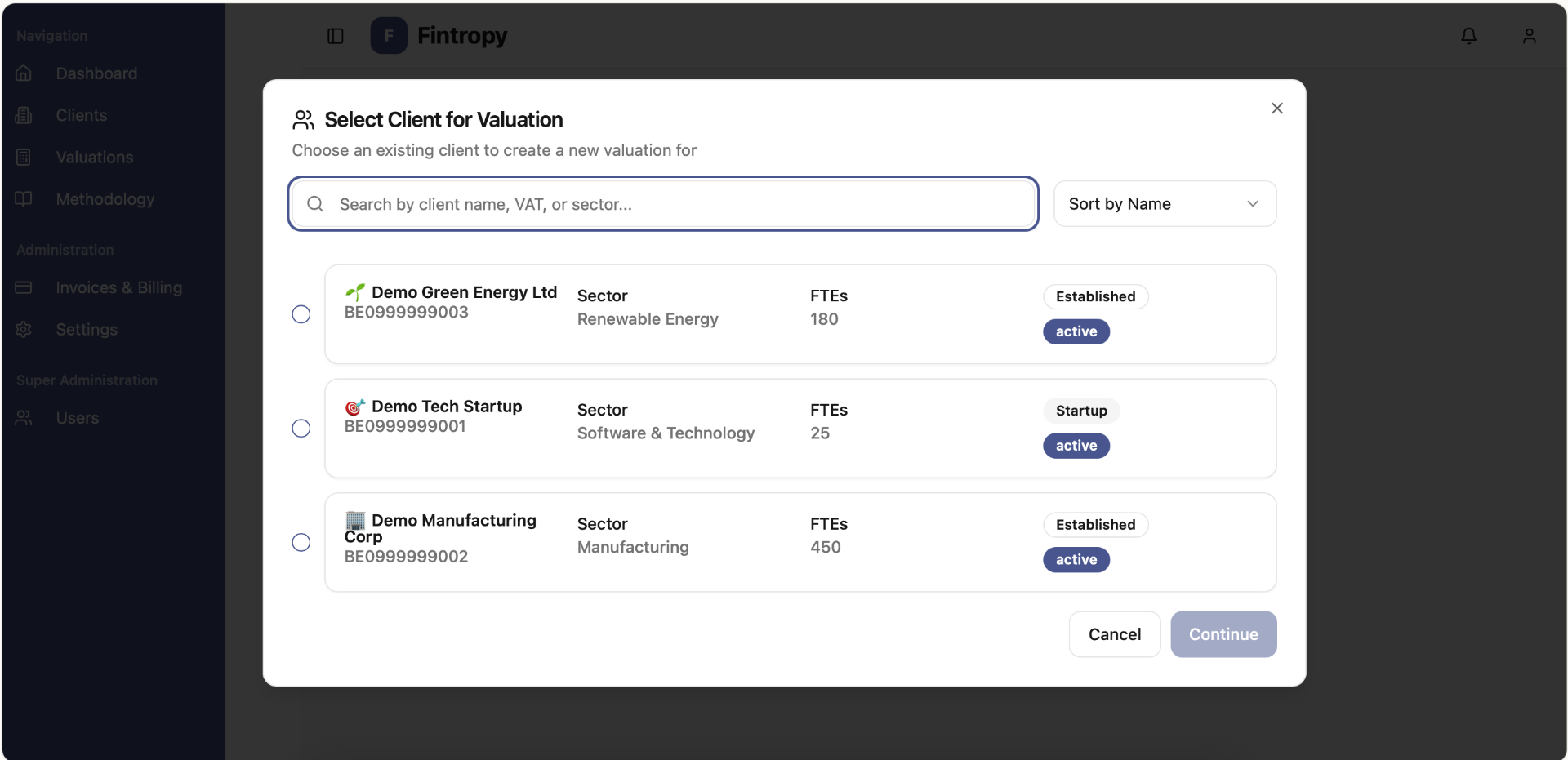 Select Your Client for Valuation Select Your Client for Valuation